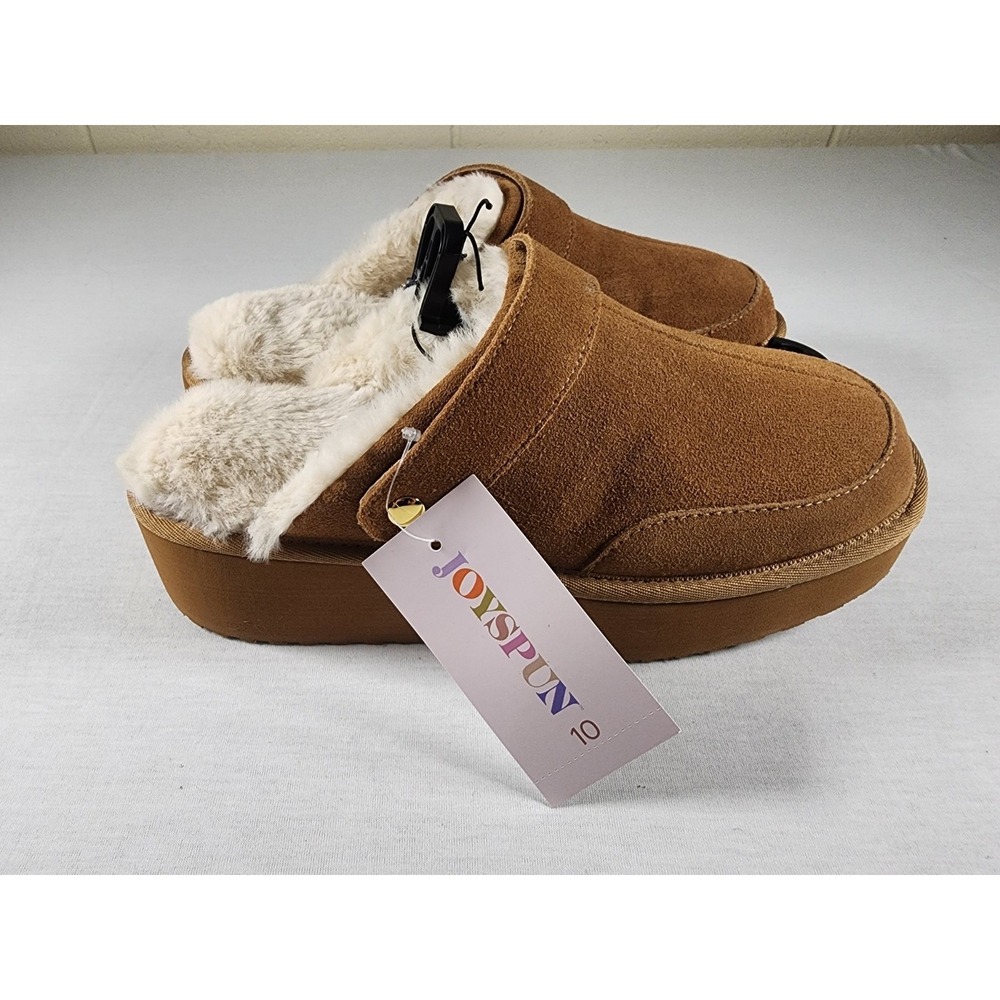 Joyspun Women's Faux Fur Brown Convertible Clog Slippers Indoor Outdoor NWT 9